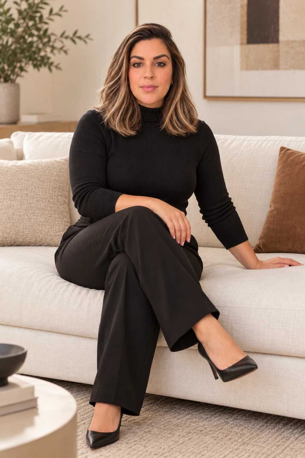 Louise Giacomini com roupa preta, sentada em um sofá claro.