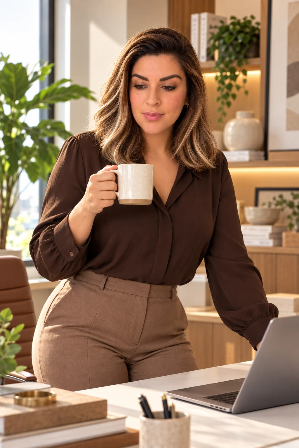 Louise Giacomini com uma xícara ao lado do notebook, em ambiente de trabalho.